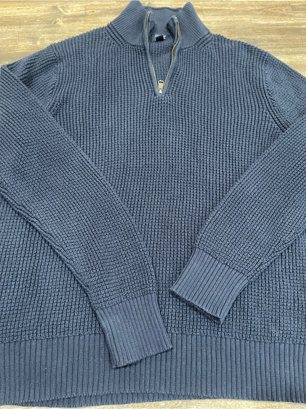 J.Crew Mens Large Navy Waffle Knit Quarter Zip Sweater 100% Cotton Pullover